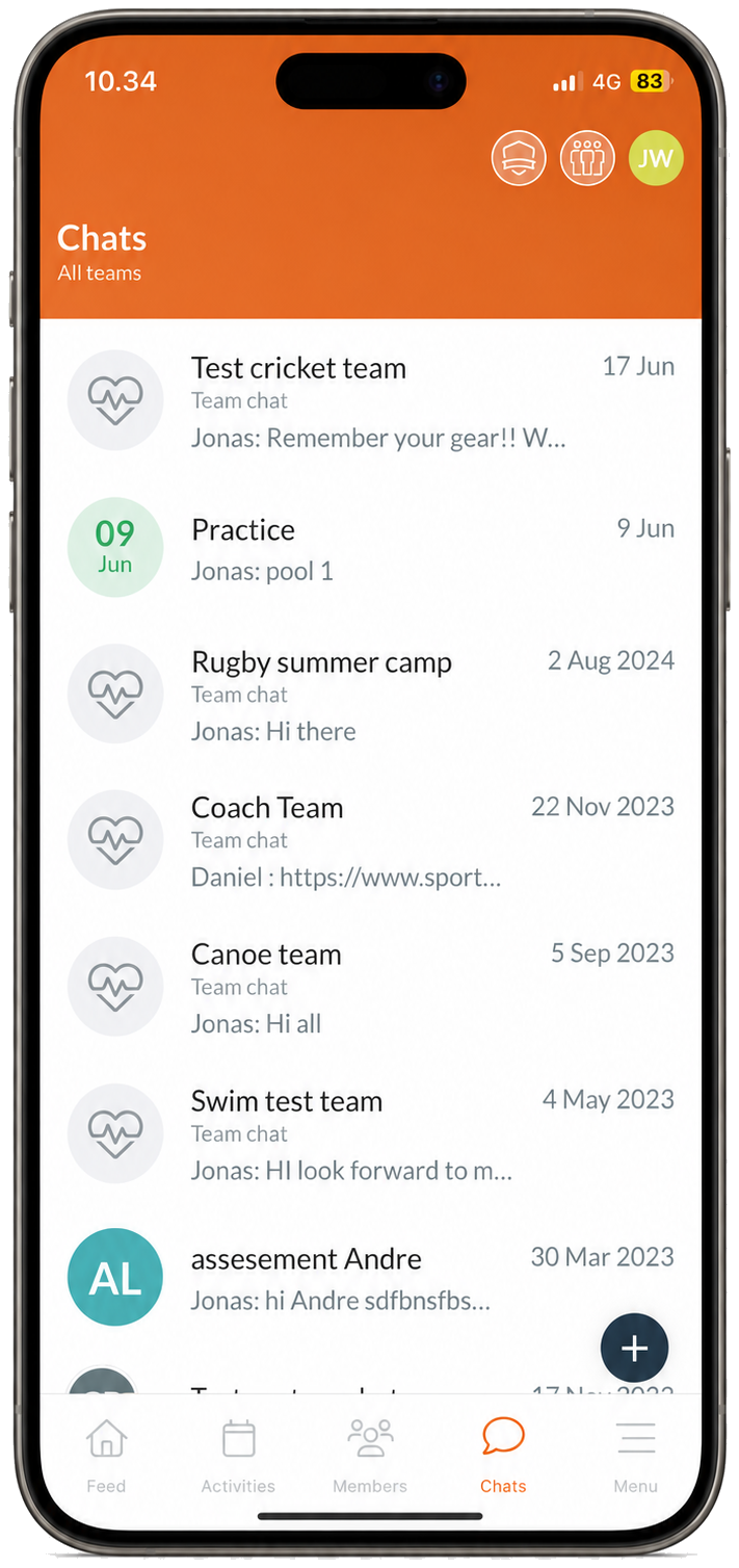 Team chats in the SportMember app, with one chat per team across the club
