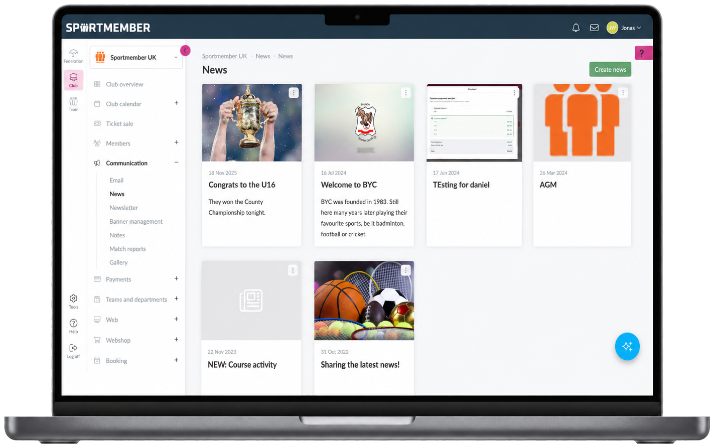 The Communication menu in the SportMember web admin with email, news, newsletter and banner management, showing published club news