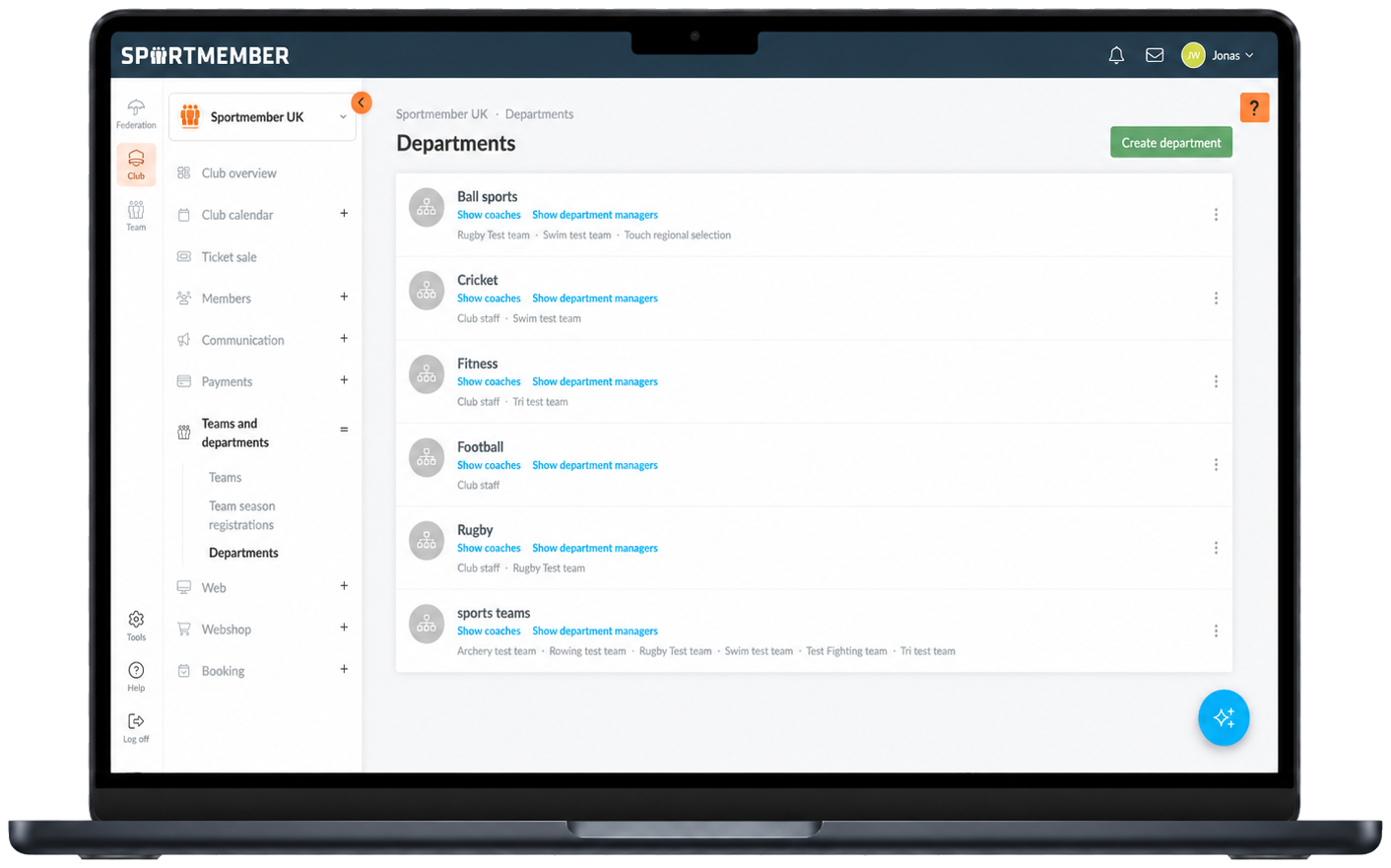 Departments in the SportMember web admin, with each department listing its teams and coaches so messages can be sent to one group at a time