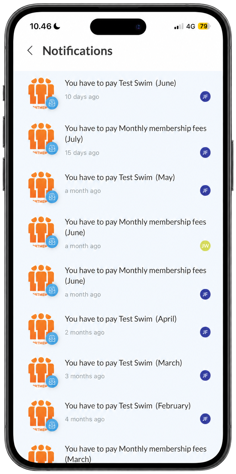 The notifications list in the SportMember app, with alerts sent to members