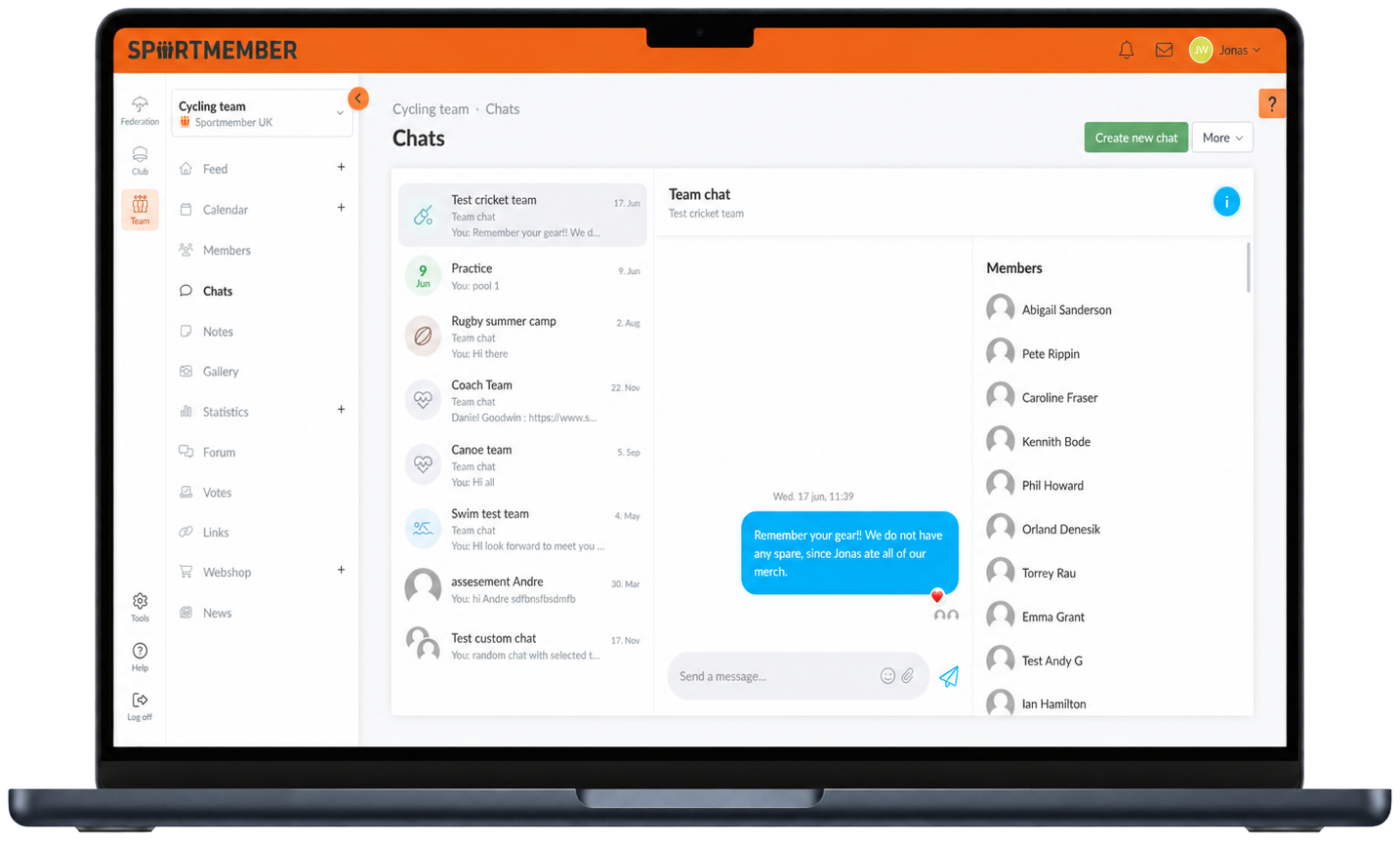 Team chats in the SportMember web admin: chat list, a team conversation and the member list side by side